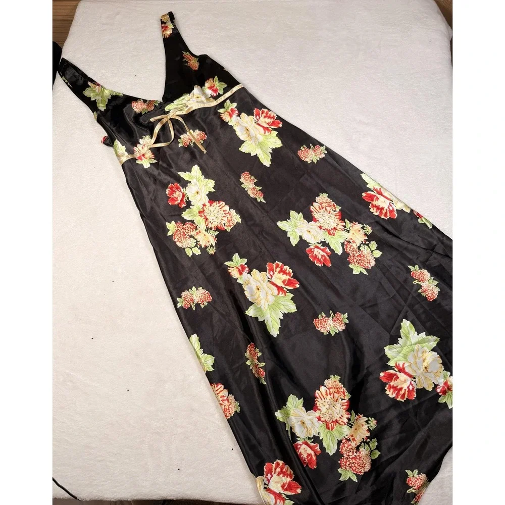 Jones New York Gown Womens Medium Black Floral Satin Chemise Adjustable Strap